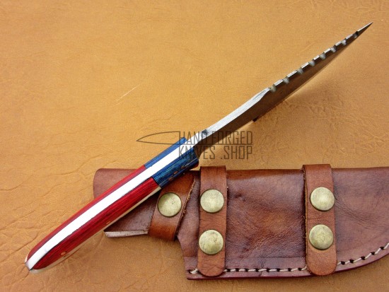 Damascus Tracker Knife / Hunting Knife, 11" Camel Bone, Red, Blue Micarta Sheet Handle, Fixed Blade