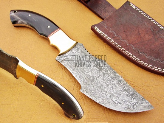 Damascus Tracker Knife / Hunting Knife, 10" Brass Bolster, Buffalo Horn Handle, Fixed Blade