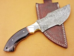 Damascus Tracker Knife / Hunting Knife, 10" Brass Bolster, Buffalo Horn Handle, Fixed Blade