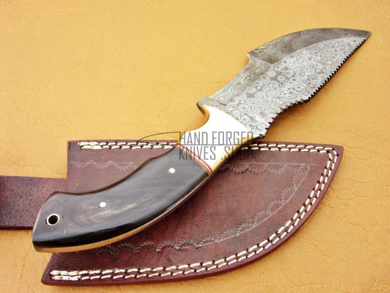Damascus Tracker Knife / Hunting Knife, 10" Brass Bolster, Buffalo Horn Handle, Fixed Blade