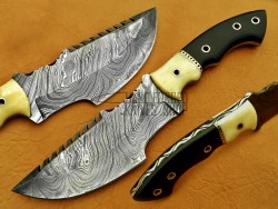 Damascus Tracker Knife / Hunting Knife, 10" Camel Bone Bolster, Buffalo Horn Handle, Fixed Blade