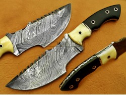 Damascus Tracker Knife / Hunting Knife, 10" Camel Bone Bolster, Buffalo Horn Handle, Fixed Blade
