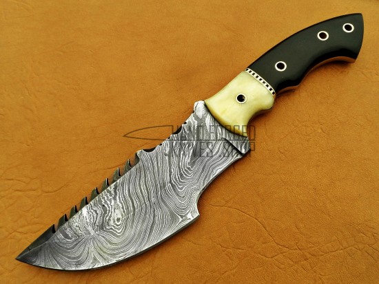 Damascus Tracker Knife / Hunting Knife, 10" Camel Bone Bolster, Buffalo Horn Handle, Fixed Blade