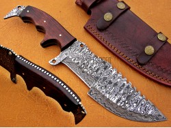 Damascus Tracker Knife / Hunting Knife, 12" Walnut Wood Handle, Fixed Blade