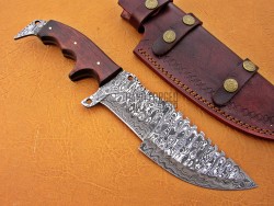 Damascus Tracker Knife / Hunting Knife, 12" Walnut Wood Handle, Fixed Blade