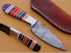 Damascus Hunting Knife, Damascus Steel Classic Bowie Knife, 9" Steel Bolster, Green, Red Orange, Black, Blue Micarta Handle, Fixed Blade, Full Tang