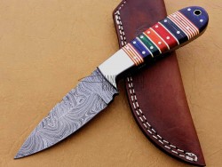 Damascus Hunting Knife, Damascus Steel Classic Bowie Knife, 9" Steel Bolster, Green, Red Orange, Black, Blue Micarta Handle, Fixed Blade, Full Tang