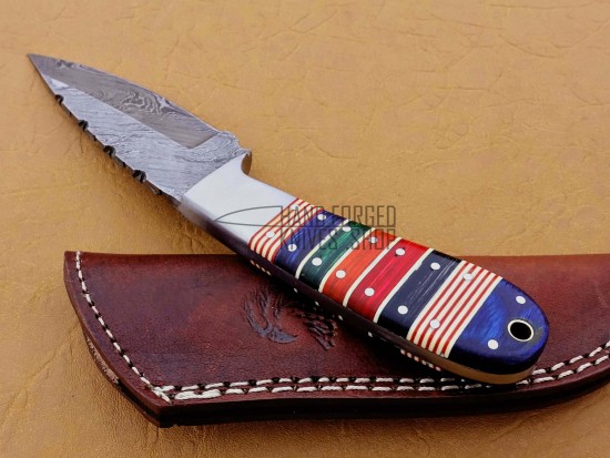 Damascus Hunting Knife, Damascus Steel Classic Bowie Knife, 9" Steel Bolster, Green, Red Orange, Black, Blue Micarta Handle, Fixed Blade, Full Tang