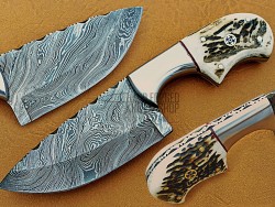 Damascus Hunting Knife, Damascus Steel Classic Bowie Knife, 9" Steel Bolster, Deer Antler Handle, Fixed Blade, Full Tang