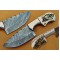 Damascus Hunting Knife, Damascus Steel Classic Bowie Knife, 9" Steel Bolster, Deer Antler Handle, Fixed Blade, Full Tang