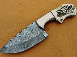 Damascus Hunting Knife, Damascus Steel Classic Bowie Knife, 9" Steel Bolster, Deer Antler Handle, Fixed Blade, Full Tang