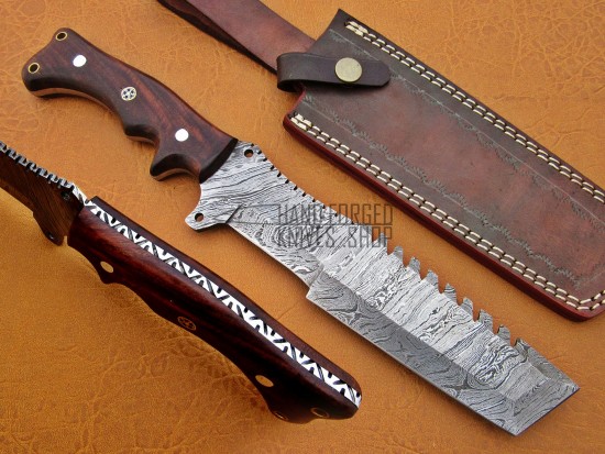Damascus Tracker Knife / Hunting Knife, 13" Walnut Wood Handle, Fixed Blade
