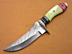 Damascus  Hunting Knife, Brass Clip, 10" Black Sheet, Green Color Bone, Red & Black Fiber Handle, Fixed Blade