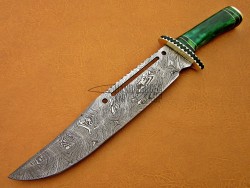 Damascus Hunting Knife, Damascus Steel Classic Bowie Knife, 12" Brass Clip, Green Color Bone Handle, Fixed Blade, Full Tang