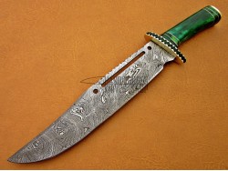 Damascus Hunting Knife, Damascus Steel Classic Bowie Knife, 12" Brass Clip, Green Color Bone Handle, Fixed Blade, Full Tang