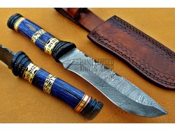 Damascus Hunting Knife, Damascus Steel Classic Bowie Knife, 12" Buffalo Horn, Blue Micarta Sheet Handle, Fixed Blade, Full Tang