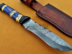 Damascus Hunting Knife, Damascus Steel Classic Bowie Knife, 12" Buffalo Horn, Blue Micarta Sheet Handle, Fixed Blade, Full Tang