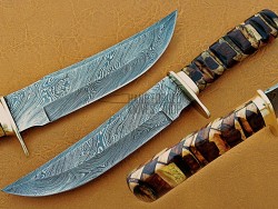 Damascus Hunting Knife, Damascus Steel Classic Bowie Knife, 12" Brass Clip, Olive And Walnut Wood Handle, Fixed Blade, Full Tang