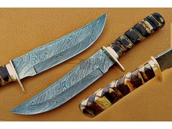 Damascus Hunting Knife, Damascus Steel Classic Bowie Knife, 12" Brass Clip, Olive And Walnut Wood Handle, Fixed Blade, Full Tang