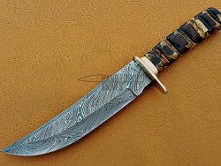 Damascus Hunting Knife, Damascus Steel Classic Bowie Knife, 12" Brass Clip, Olive And Walnut Wood Handle, Fixed Blade, Full Tang
