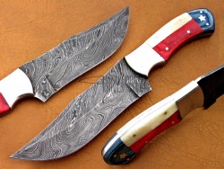 Damascus Hunting Knife, Damascus Steel Classic Bowie Knife, 9" Steel Bolster, Camel Bone, Red And Blue Micarta Sheet Handle, Fixed Blade, Full Tang