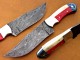 Damascus Hunting Knife, Damascus Steel Classic Bowie Knife, 9" Steel Bolster, Camel Bone, Red And Blue Micarta Sheet Handle, Fixed Blade, Full Tang