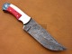 Damascus Hunting Knife, Damascus Steel Classic Bowie Knife, 9" Steel Bolster, Camel Bone, Red And Blue Micarta Sheet Handle, Fixed Blade, Full Tang
