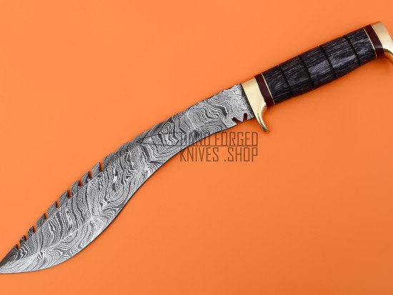 Custom Damascus Kukri Knife, 15" Brass Clip, Black Micarta Sheet Handle, Fixed Blade, Full Tang