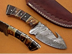 Damascus Hunting Knife, Damascus Steel Classic Bowie Knife, 8" Goat/Ram Horn Handle, Fixed Blade, Full Tang