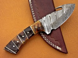 Damascus Hunting Knife, Damascus Steel Classic Bowie Knife, 8" Goat/Ram Horn Handle, Fixed Blade, Full Tang