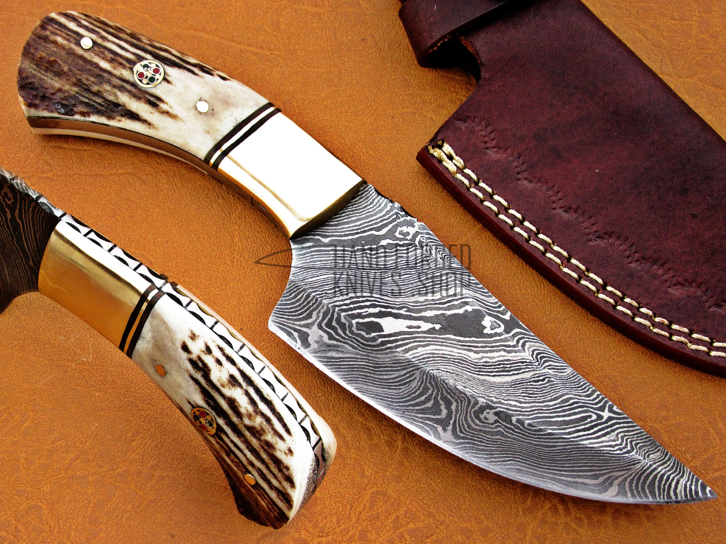 Custom Hand Forged Damascus Chef Knife Set Brass Bolster Bull Horn Han