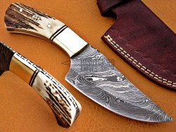 Damascus Hunting Knife, Damascus Steel Classic Bowie Knife, 9" Brass Bolster, Deer Antler Handle, Fixed Blade, Full Tang