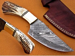 Damascus Hunting Knife, Damascus Steel Classic Bowie Knife, 9" Brass Bolster, Deer Antler Handle, Fixed Blade, Full Tang