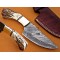Damascus Hunting Knife, Damascus Steel Classic Bowie Knife, 9" Brass Bolster, Deer Antler Handle, Fixed Blade, Full Tang