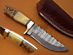 Damascus Hunting Knife, Damascus Steel Classic Bowie Knife, 9" Brass Bolster Camel Bone, Goat/Ram Horn Handle, Fixed Blade, Full Tang