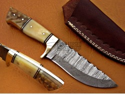 Damascus Hunting Knife, Damascus Steel Classic Bowie Knife, 9" Brass Bolster Camel Bone, Goat/Ram Horn Handle, Fixed Blade, Full Tang