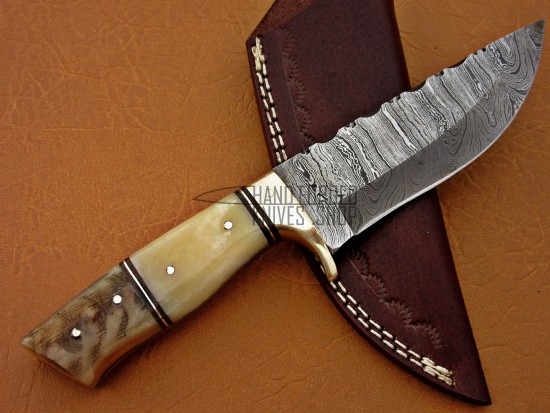 Damascus Hunting Knife, Damascus Steel Classic Bowie Knife, 9" Brass Bolster Camel Bone, Goat/Ram Horn Handle, Fixed Blade, Full Tang