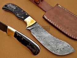 Damascus Hunting Knife, Bull Cutter Knife, 10" Brass Bolster, Black Micarta Sheet Handle, Fixed Blade, Full Tang Razor Sharp