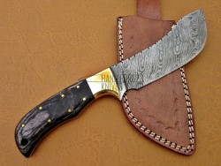 Damascus Hunting Knife, Bull Cutter Knife, 10" Brass Bolster, Black Micarta Sheet Handle, Fixed Blade, Full Tang Razor Sharp
