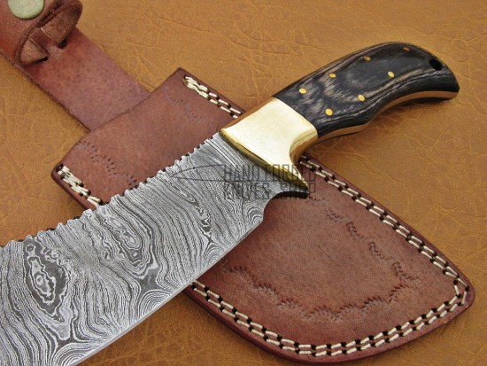 Damascus Hunting Knife, Bull Cutter Knife, 10" Brass Bolster, Black Micarta Sheet Handle, Fixed Blade, Full Tang Razor Sharp