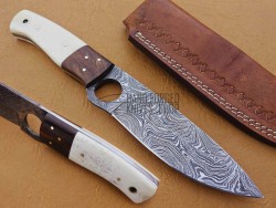 Damascus Hunting Knife, 10" Walnut Wood Bolster, Camel Bone Handle, Fixed Blade, Full Tang Razor Sharp
