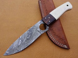 Damascus Hunting Knife, 10" Walnut Wood Bolster, Camel Bone Handle, Fixed Blade, Full Tang Razor Sharp