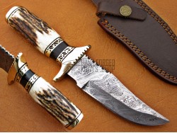 Damascus Steel Deer Antler Hunting Knife, Brass Bolster, 9" Deer Antler Handle, Fixed Blade