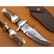 Damascus Steel Deer Antler Hunting Knife, Brass Bolster, 9" Deer Antler Handle, Fixed Blade