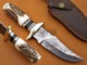 Damascus Steel Deer Antler Hunting Knife, Brass Bolster, 9" Deer Antler Handle, Fixed Blade