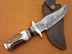 Damascus Steel Deer Antler Hunting Knife, Brass Bolster, 9" Deer Antler Handle, Fixed Blade