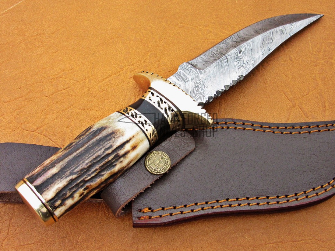 Damascus Steel Deer Antler Hunting Knife Bolster Clip 9 Deer Antler Handle Fixed Blade