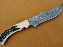Damascus Steel Deer Antler Hunting Knife, Brass Bolster, 11" Deer Antler Handle, Fixed Blade