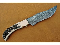 Damascus Steel Deer Antler Hunting Knife, Brass Bolster, 11" Deer Antler Handle, Fixed Blade