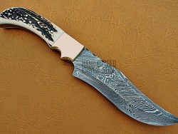 Damascus Steel Deer Antler Hunting Knife, Brass Bolster, 11" Deer Antler Handle, Fixed Blade
